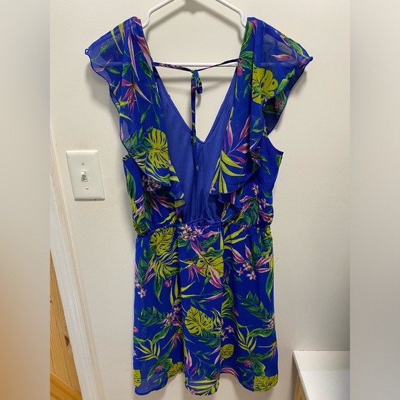 2 for $20 ⚜️ Divided H&M Bright Blue Floral Leaves V Neck Frill Dress Size 10 - Picture 3 of 4
